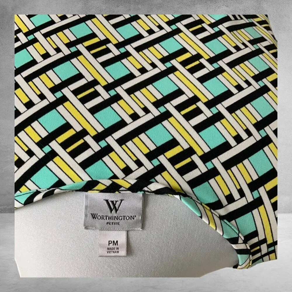 Worthington petite short cap sleeve stretch turquoise geometrical pattern PM - Picture 4 of 6